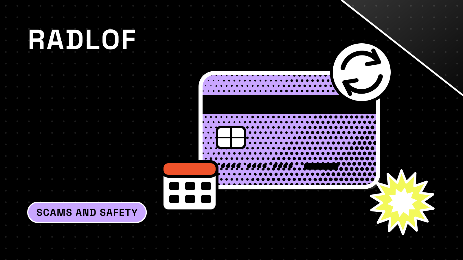 Radlof cover for a guide on cards charged after replacement: a lilac bank card with refresh arrows and a subscription calendar tag