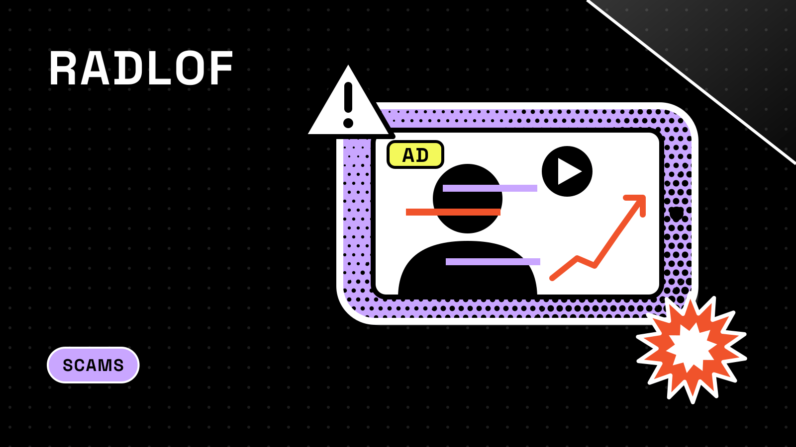 Lilac sticker of a phone playing a video ad with a glitched face and a fake rising chart, next to a warning sign.
