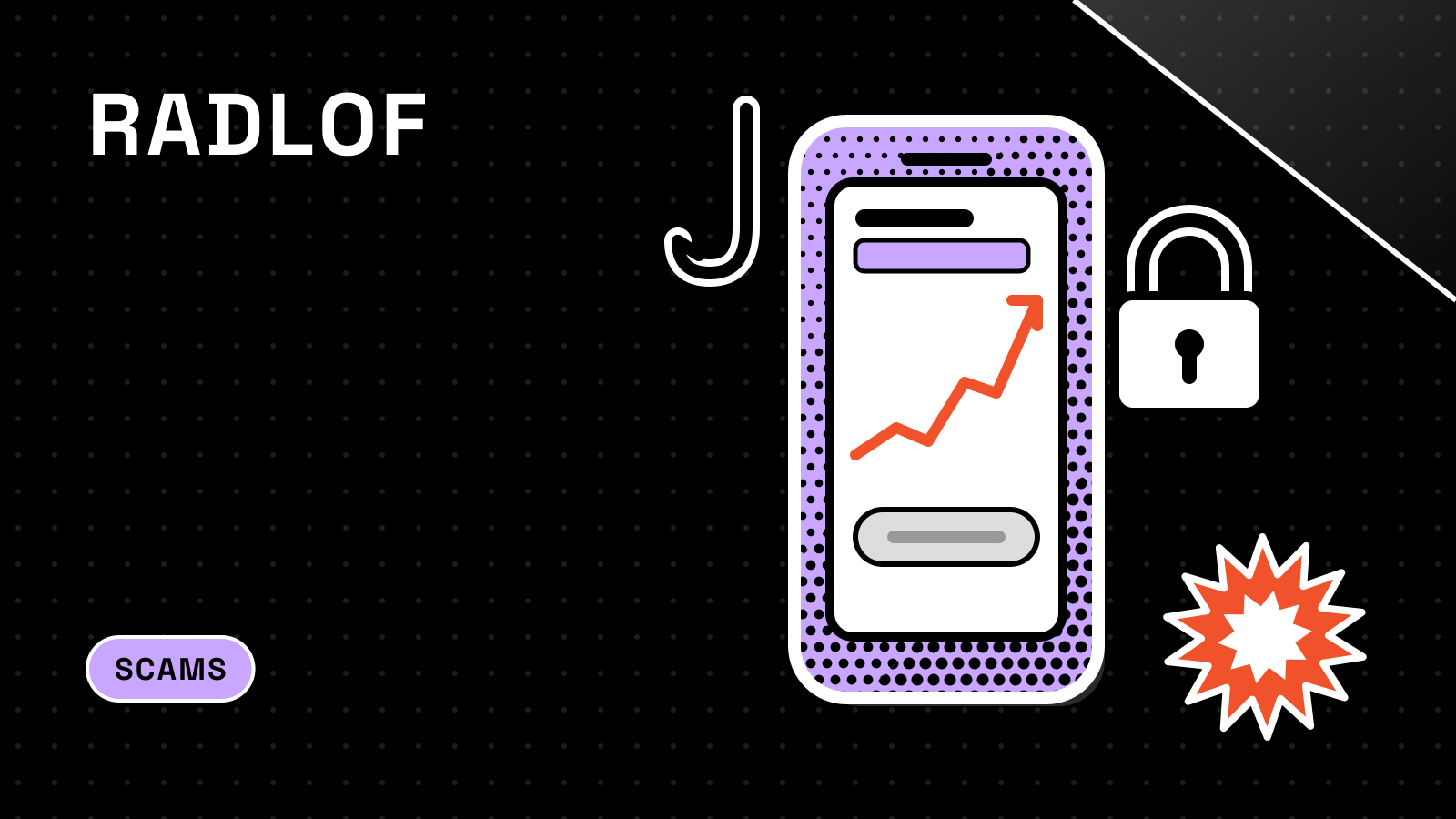 Radlof illustration of a fake crypto exchange app showing rising profits, a locked withdraw button and a fishing hook