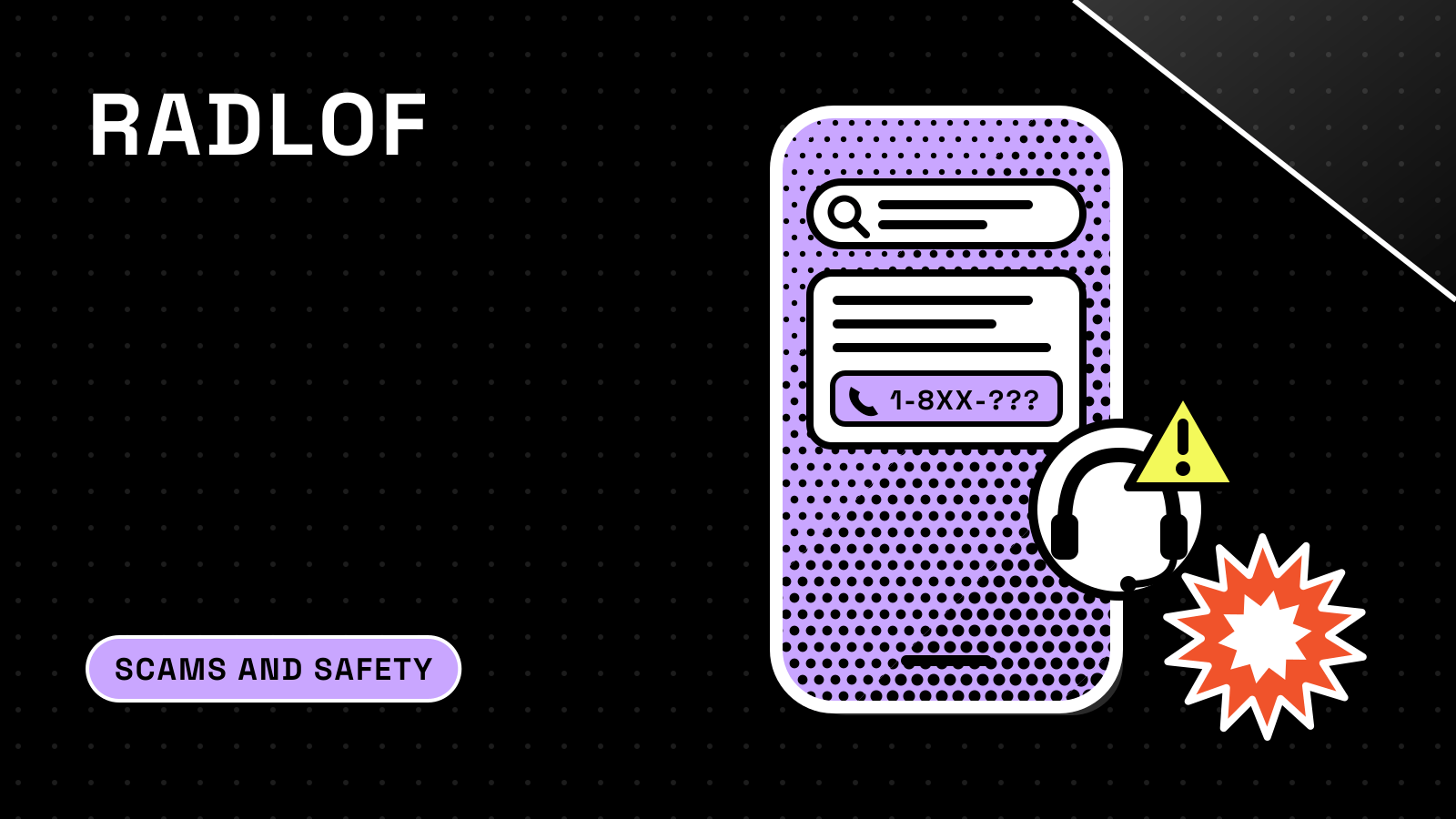 Lilac die-cut sticker of a smartphone showing a search bar and an answer card with an unknown support number, beside a headset badge and a warning sign.