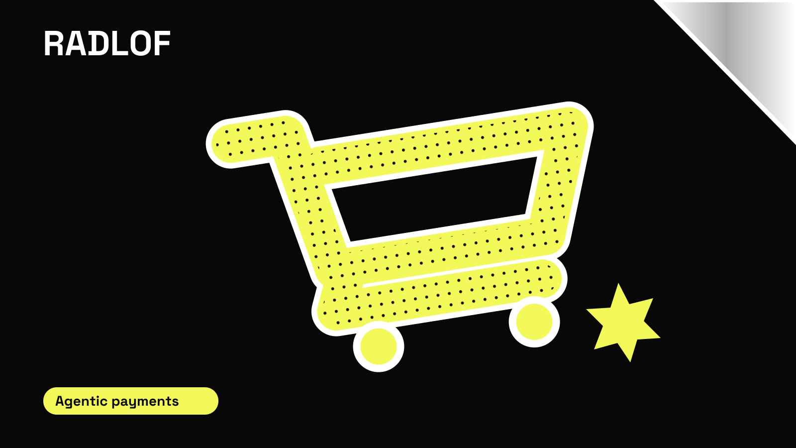 Illustration of a shopping cart on a yellow sticker, with the Radlof wordmark and a white starburst.