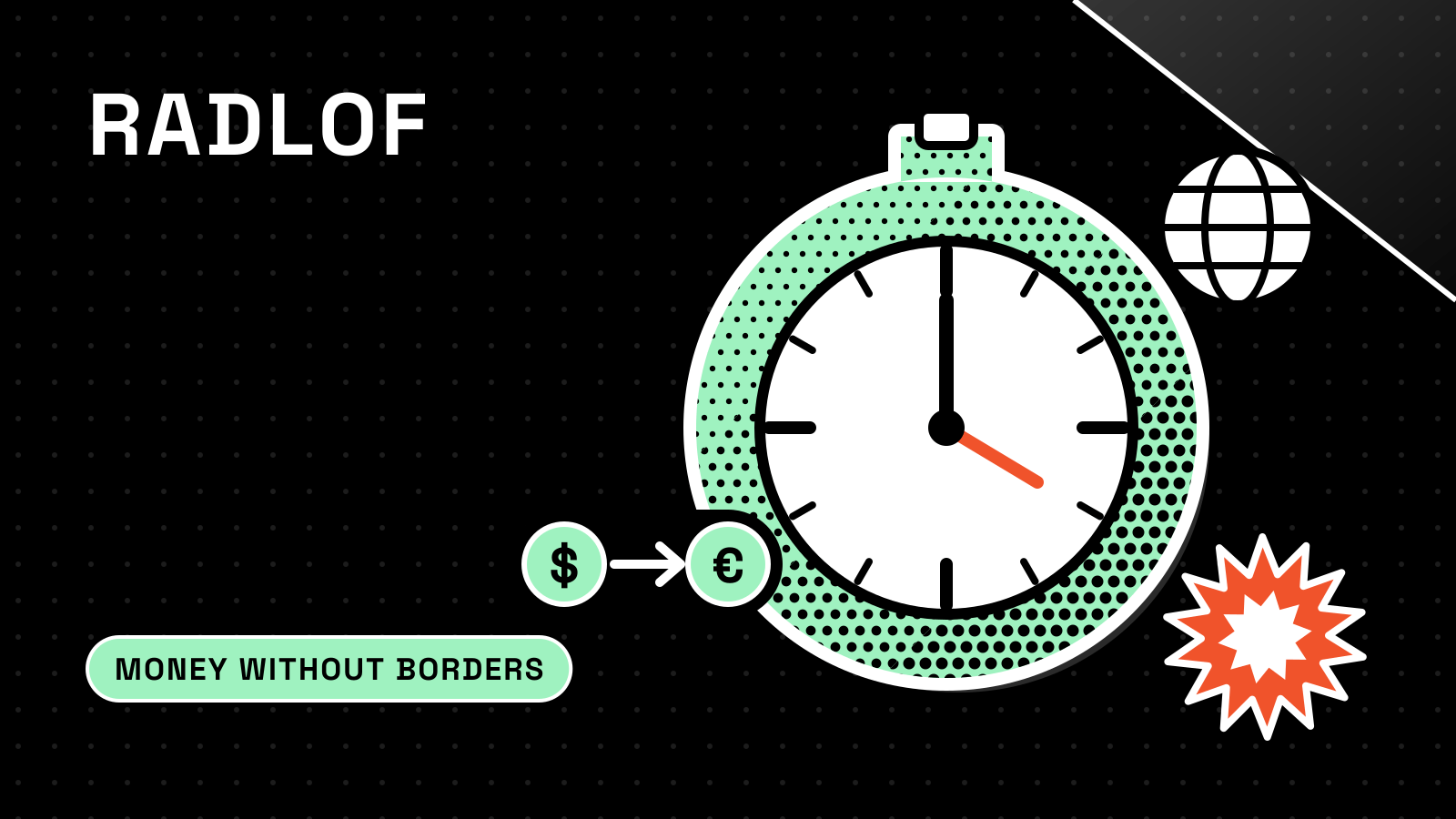 Radlof cover for how long a Wise transfer takes: a mint stopwatch with a dollar-to-euro transfer badge and a globe