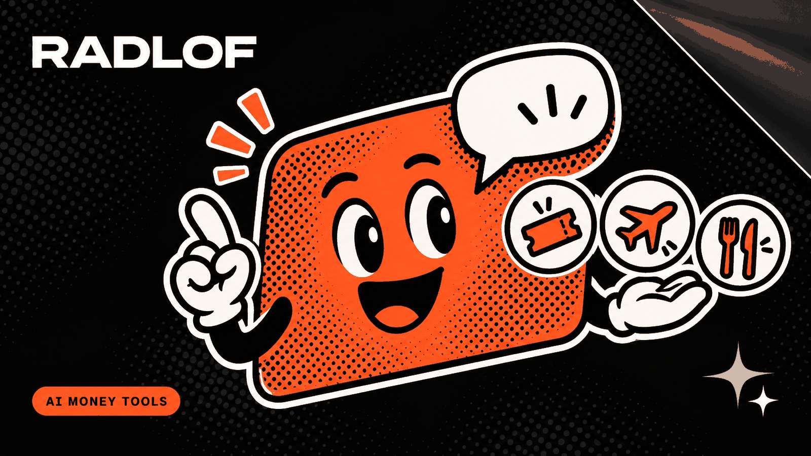 Orange card-benefits assistant illustration with a speech bubble, ticket, airplane and meal symbols.