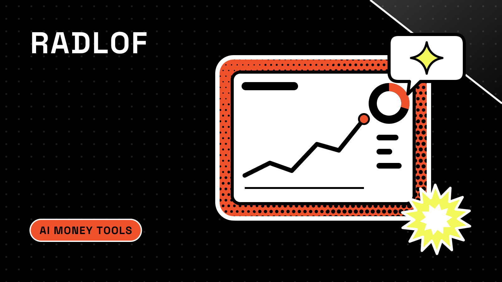 Radlof cover for an Origin financial review: an orange money dashboard with a rising chart, a donut chart and an AI chat bubble