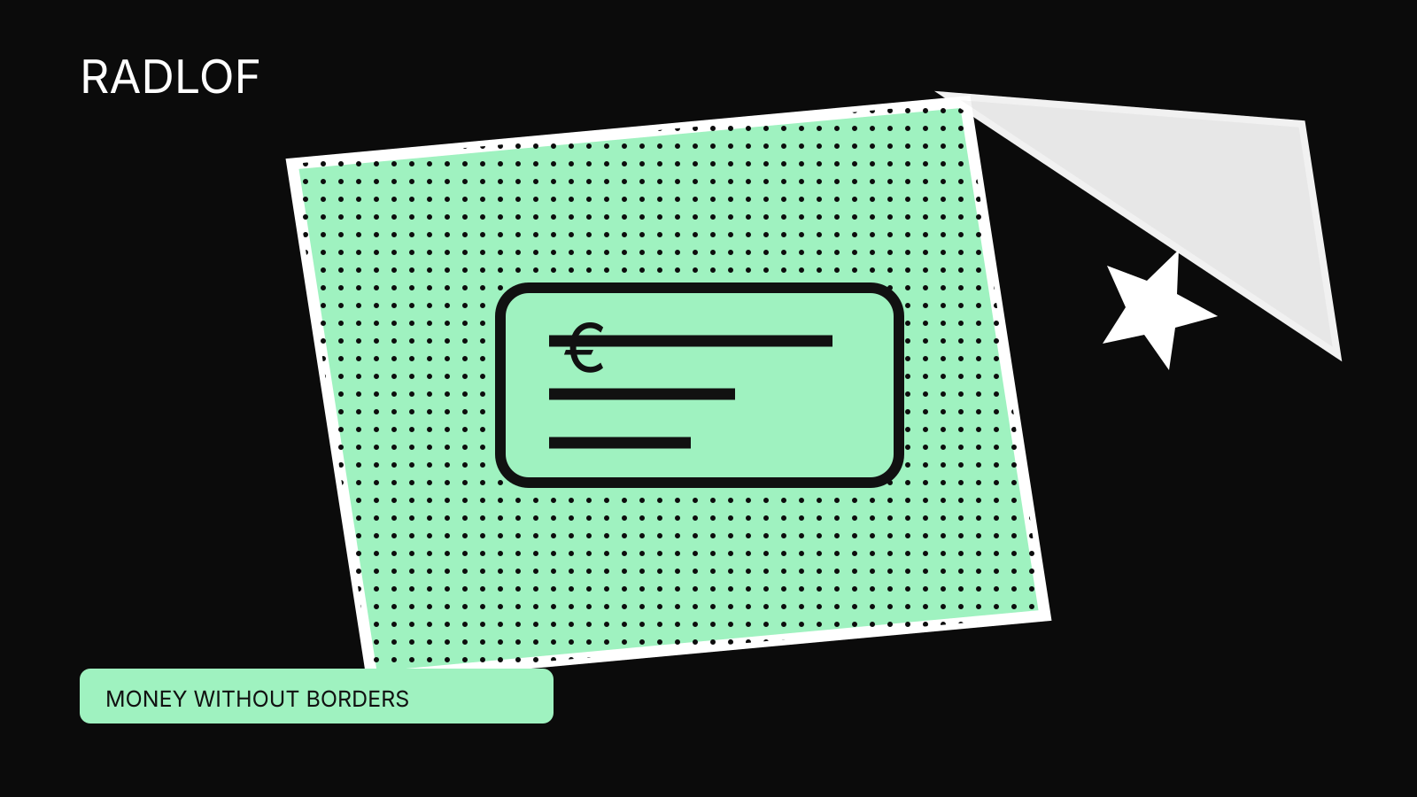 Mint payment-card sticker on black with Radlof's halftone and white glossy corner
