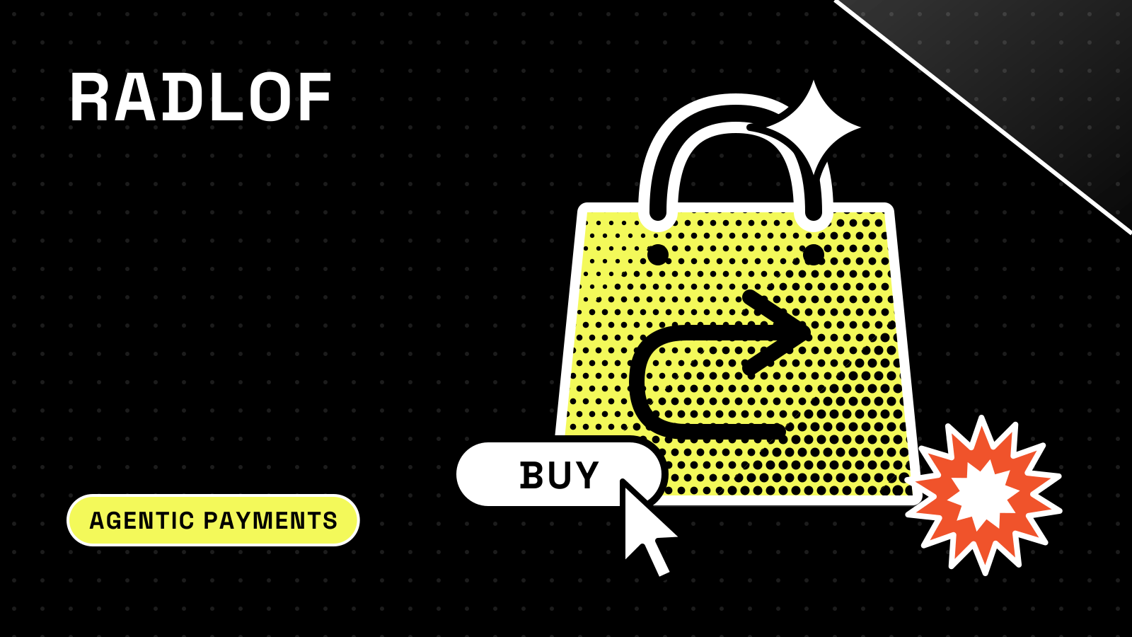 Yellow die-cut sticker of a shopping bag with a sparkle on its handle, a return arrow and a Buy button with a cursor.