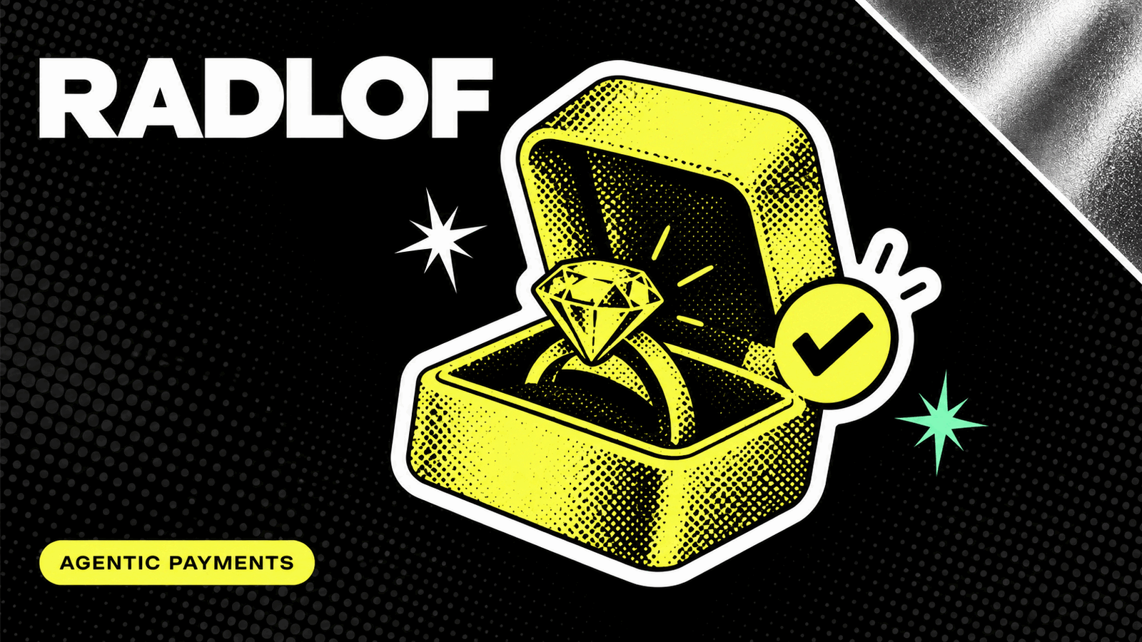 Yellow ring-box sticker with a diamond and approval check on Radlof's black halftone background.