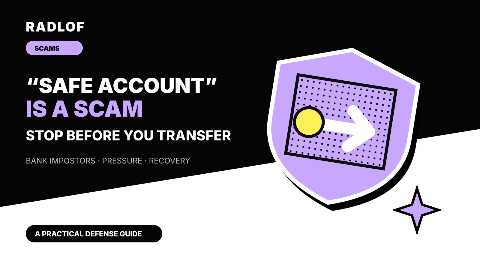 Lilac Radlof cover showing a shield, transfer arrow and warning badge, with the words Safe Account Is a Scam.