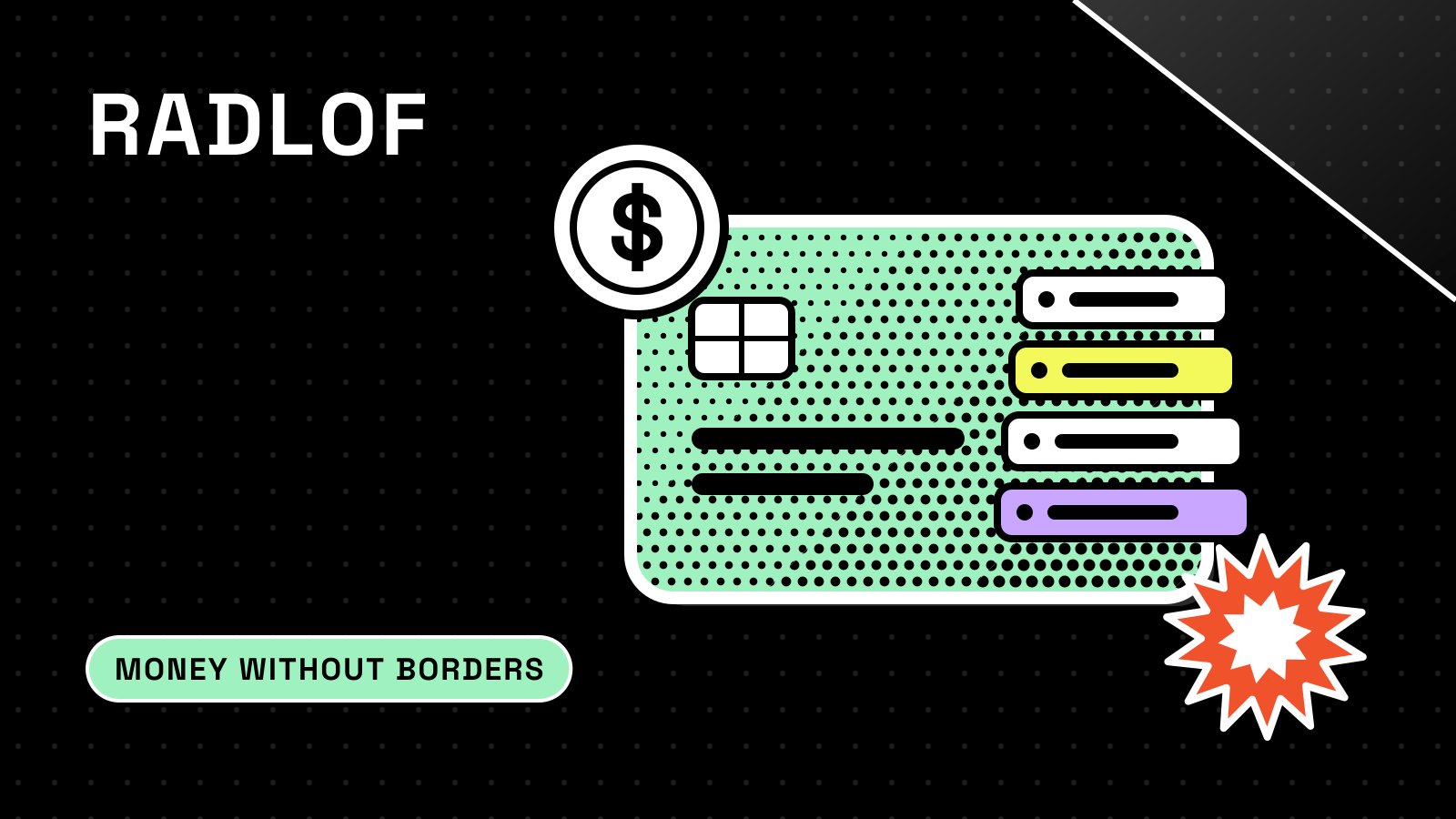 Mint card sticker with a dollar coin and four stacked layers for the bank, program manager, processor and network behind a stablecoin card.