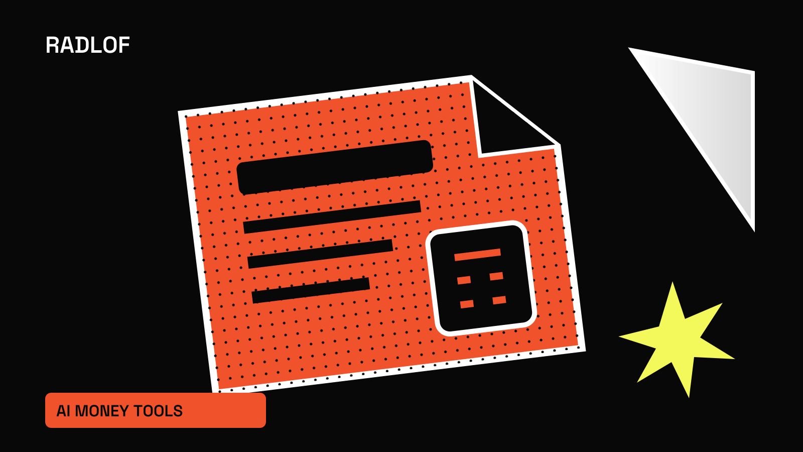 Orange tax-document and calculator sticker with black halftone and Radlof's glossy white corner.