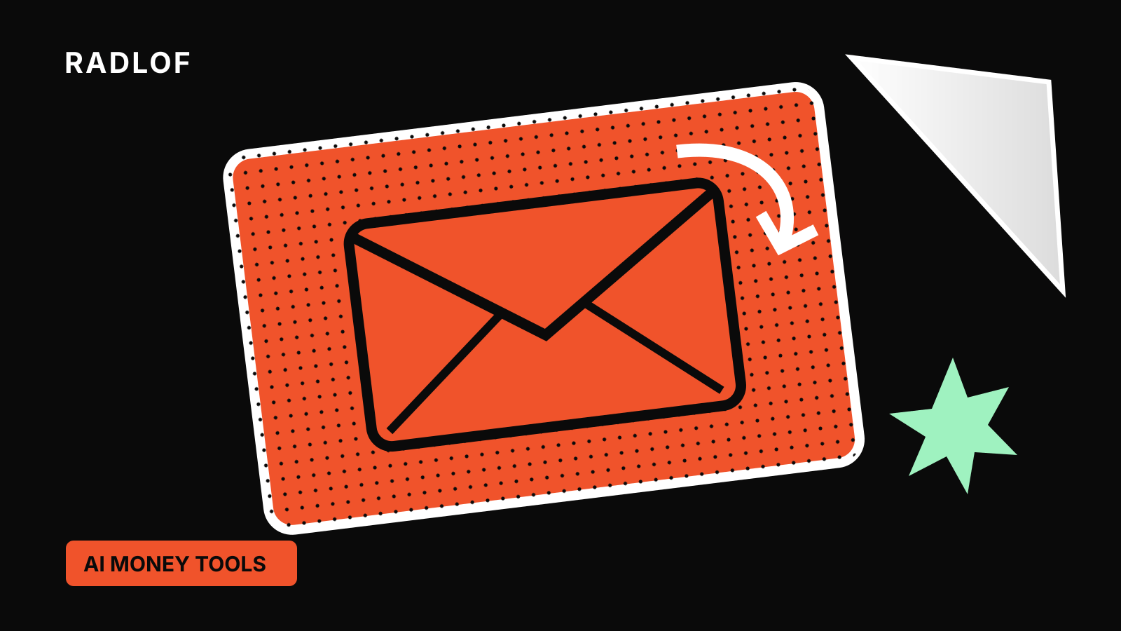Orange refund-notification envelope sticker on black with Radlof's halftone and white corner panel.
