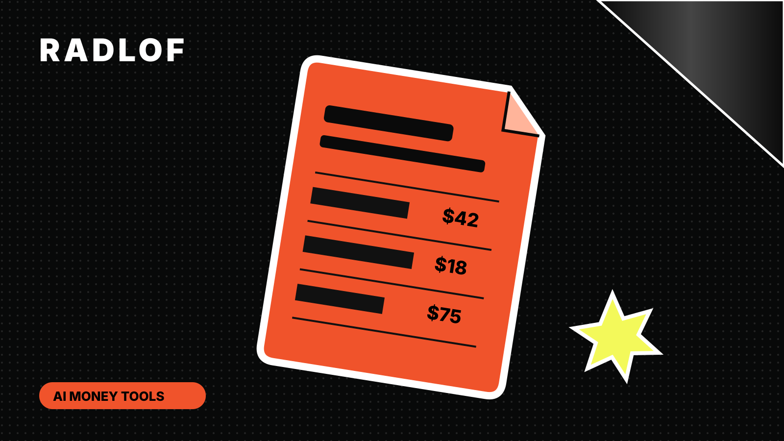 Orange bank-statement sticker with identity lines obscured and illustrative amounts visible on a black halftone background.