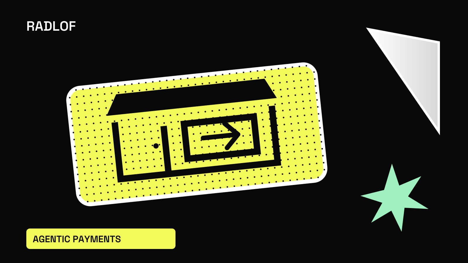 Yellow storefront sticker with a checkout arrow, black halftone and Radlof's glossy white corner.