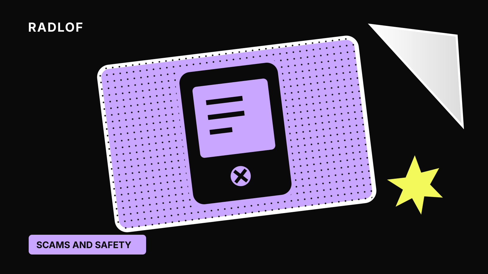 Lilac phone and task-checklist sticker with a stop mark on Radlof's black halftone cover.